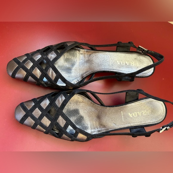 **PRADA Low Heel Slingbacks Black Suede and Silver, Size 39.5 / 9 US - Picture 5 of 7